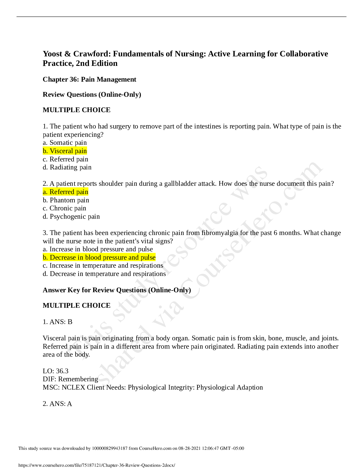 Preview image for Yoost & Crawford: Fundamentals of Nursing: Active Learning for Collaborative Practice, 2nd Edition Chapter 36: Pain Management Review Questions (Online-Only)