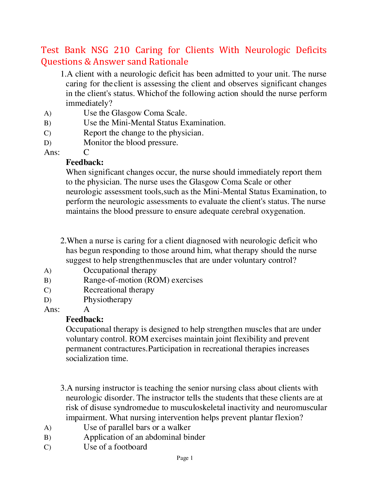 Preview image for Test Bank NSG 210 Caring for Clients With Neurologic Deficits Questions & Answer sand Rationale,100% CORRECT