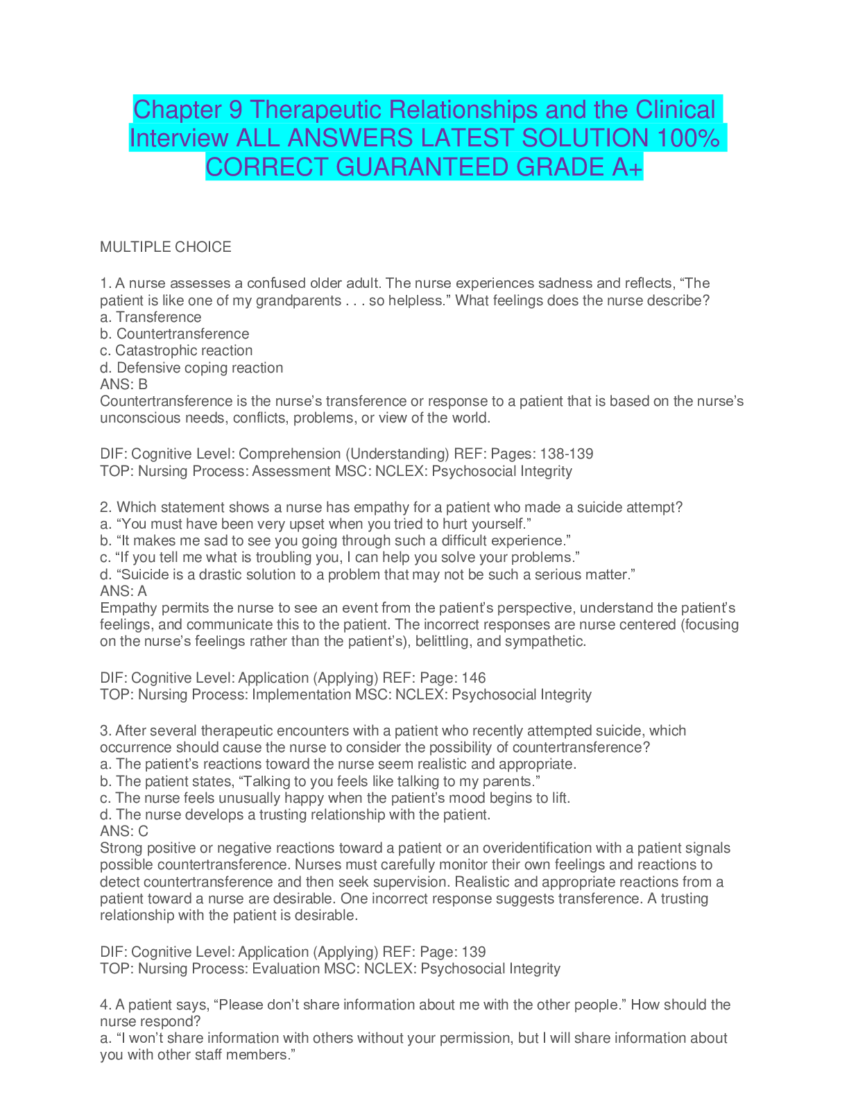 Preview of Chapter 9 Therapeutic Relationships and the Clinical Interview ALL ANSWERS LATEST SOLUTION