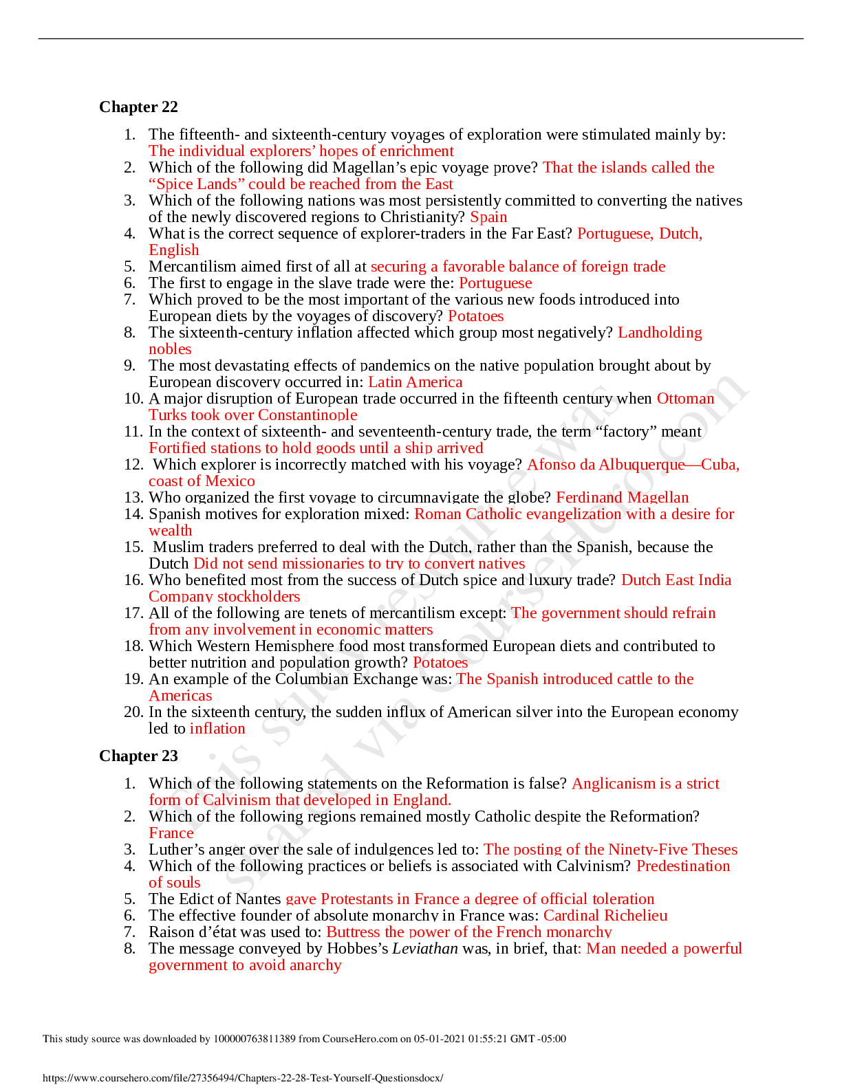 Preview image for APHIST Chapter 22 - 28 Test Yourself Questions and Answers