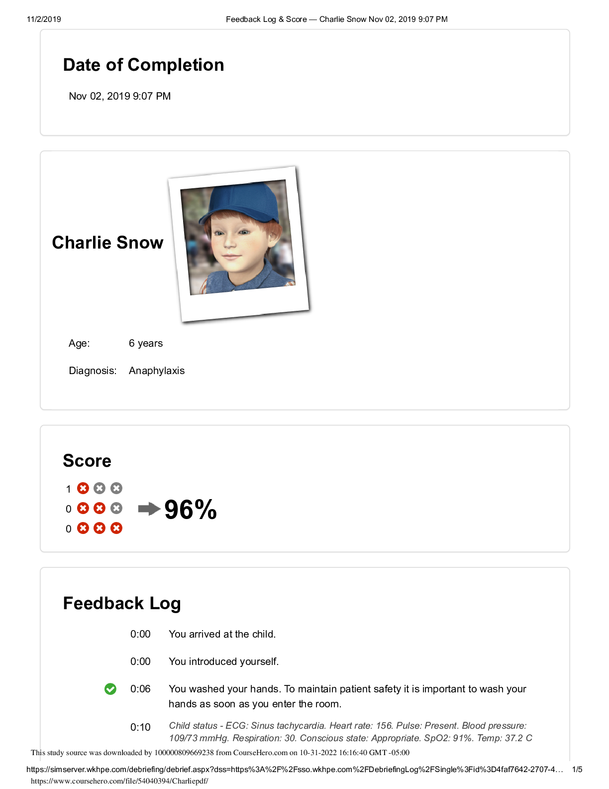 Preview image for Charlie Snow - Feedback Log & Amp Score (96%) Diagnosis: Anaphylaxis | Charlie Snow