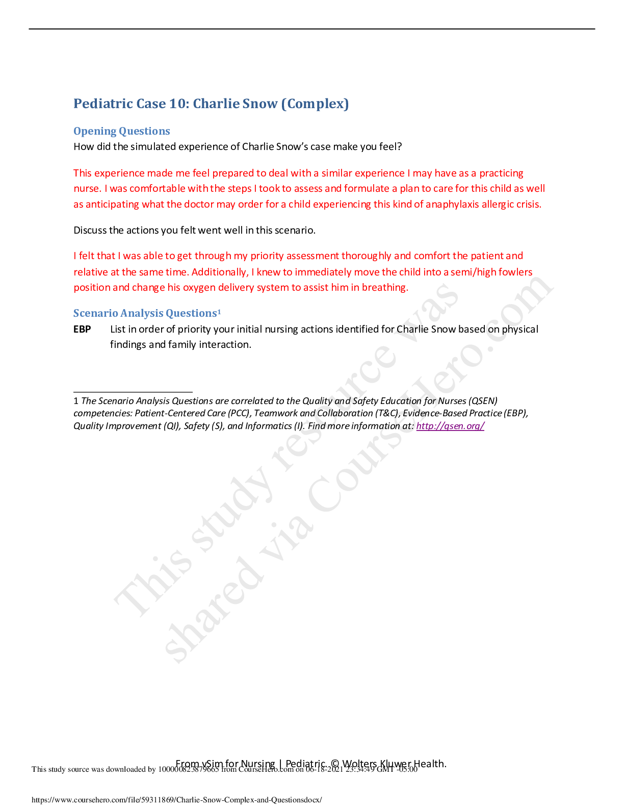 Preview image for Charlie Snow  Vsim For Nursing Pediatric Case 10  | Guided Reflection Questions and Complete Solutions