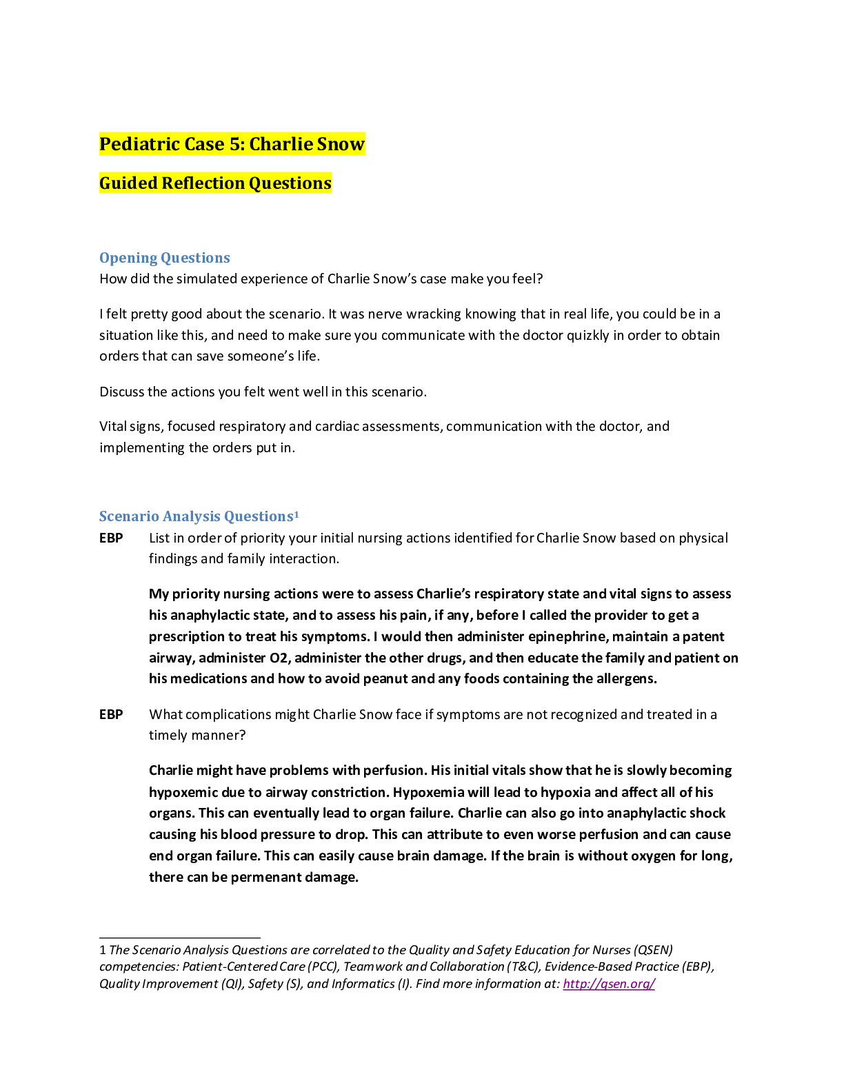 Preview image for Pediatric Case 5: Charlie Snow Guided Reflection Questions and Answers.