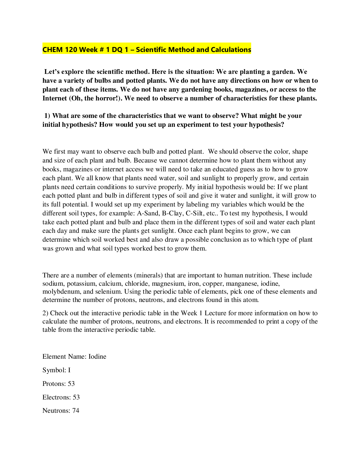 Preview image for Chamberlain College of Nursing - CHEMISRTY 120N Chem Discussion 1– Scientific Method and Calculations/ Verified Answers.