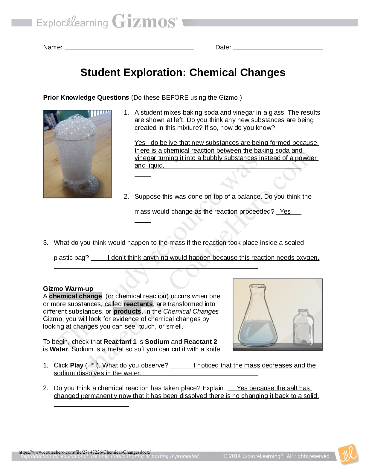 Preview of Chemical Changes Nevada Virtual Academy - CHEMISTRY 304