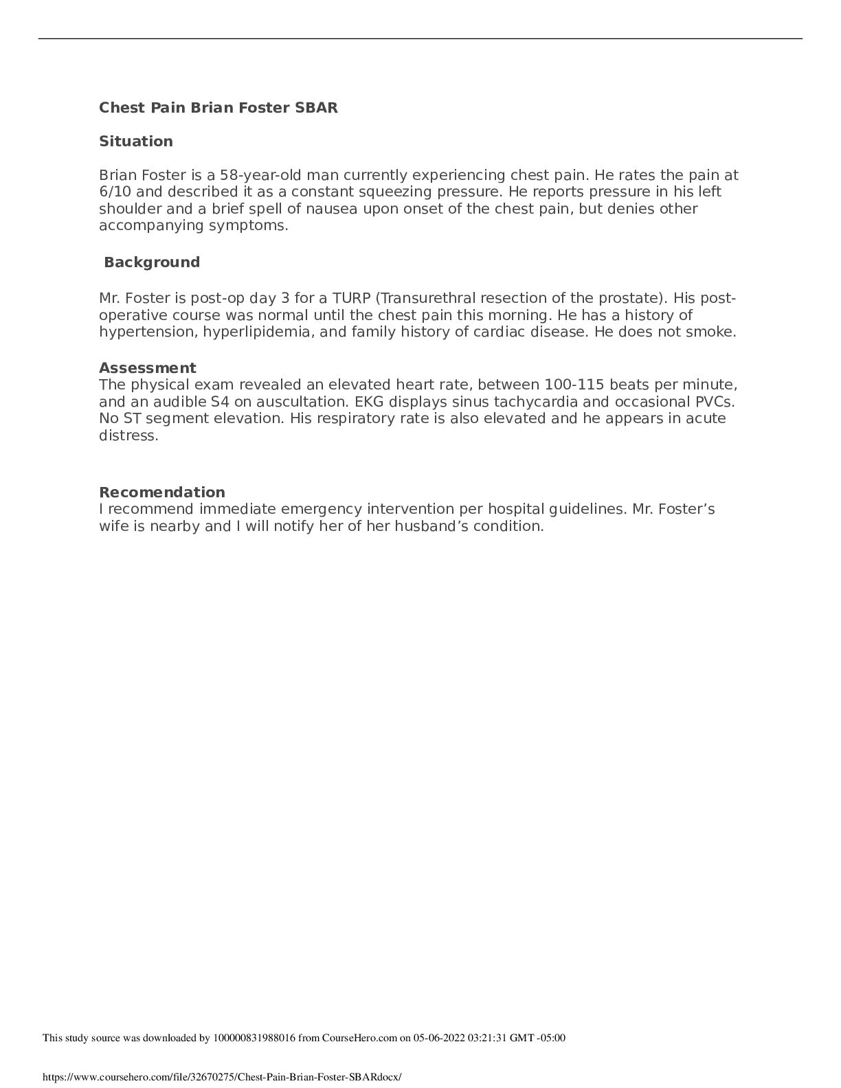 Preview image for NURS 3315 Chest Pain Brian Foster SBAR