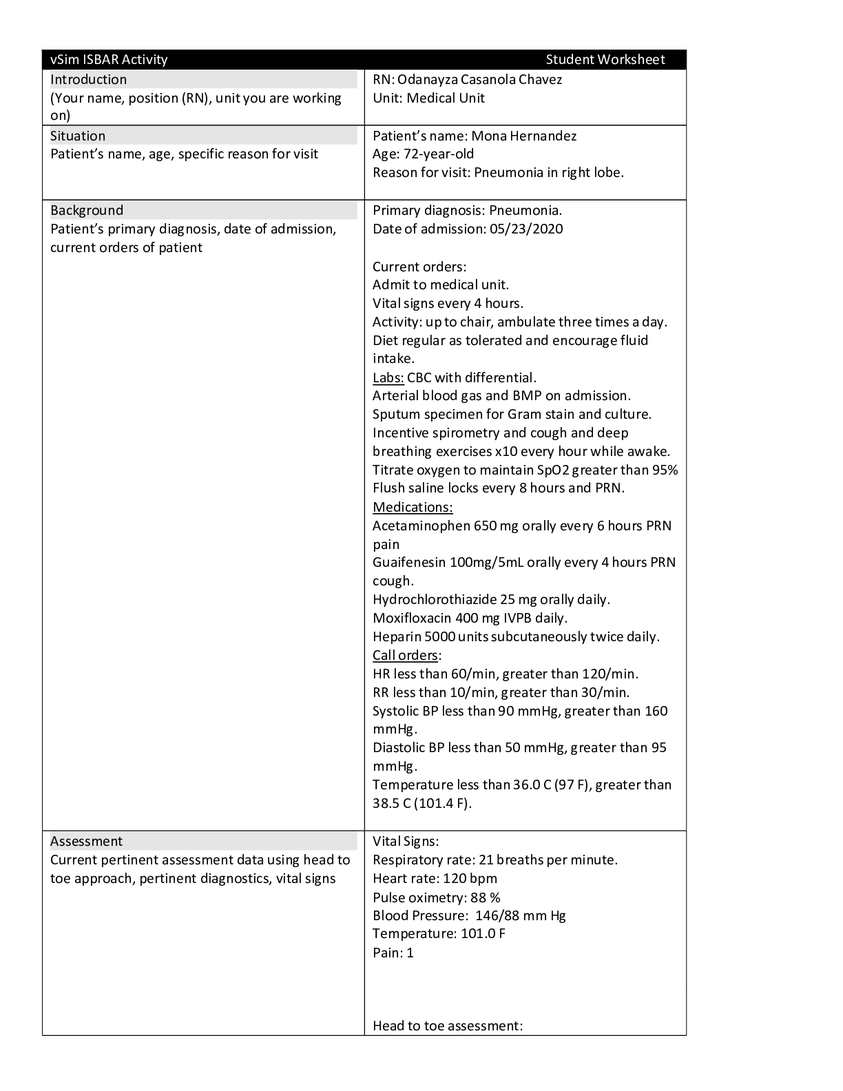Preview image for (Solved) vSim ISBAR Activity; Patient’s name: Mona Hernandez Age: 72-year-old > Primary diagnosis: Pneumonia.