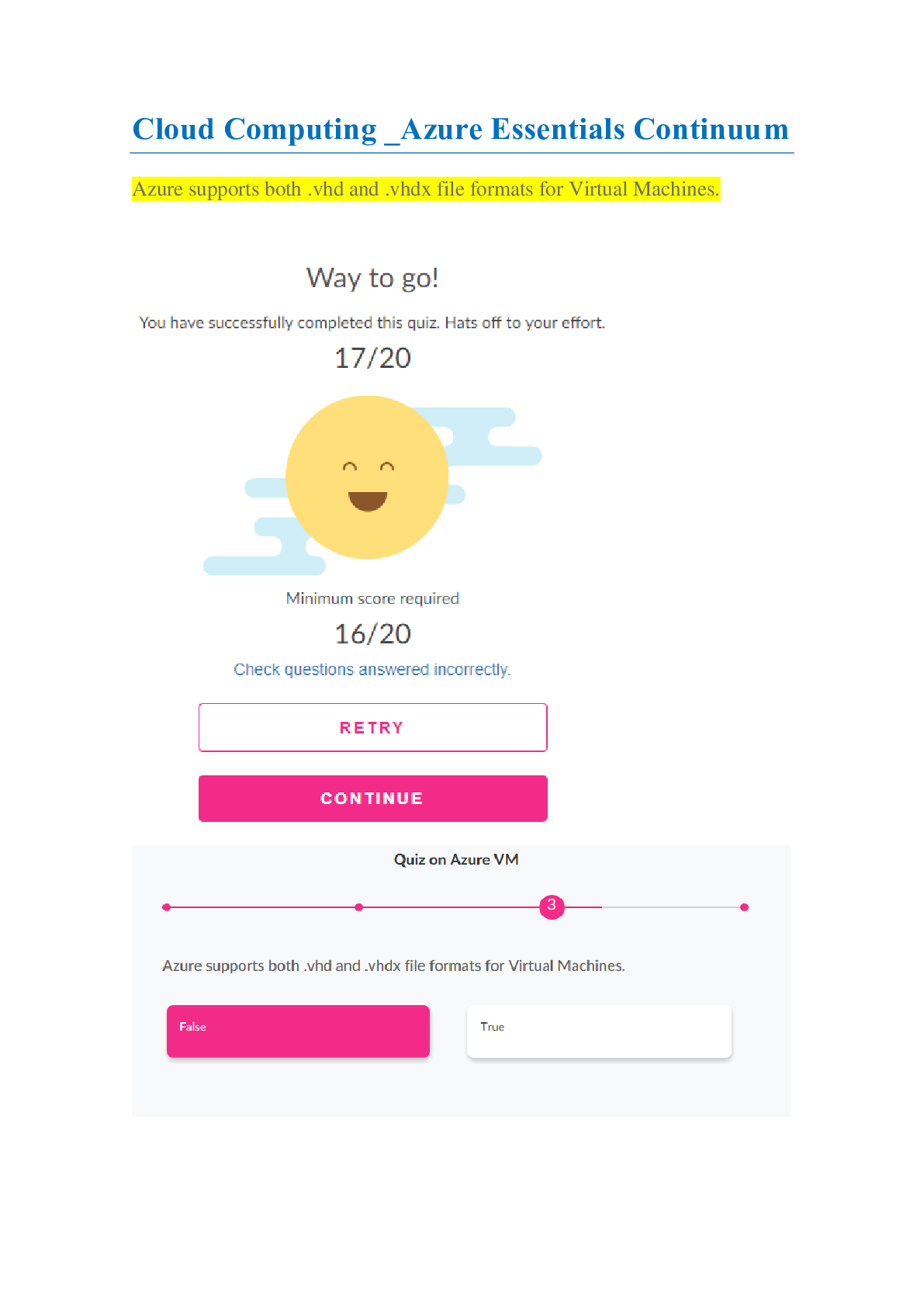Preview image for Cloud Computing _Azure Essentials Continuum - Questions and Answers. Score- Hats off 17/20
