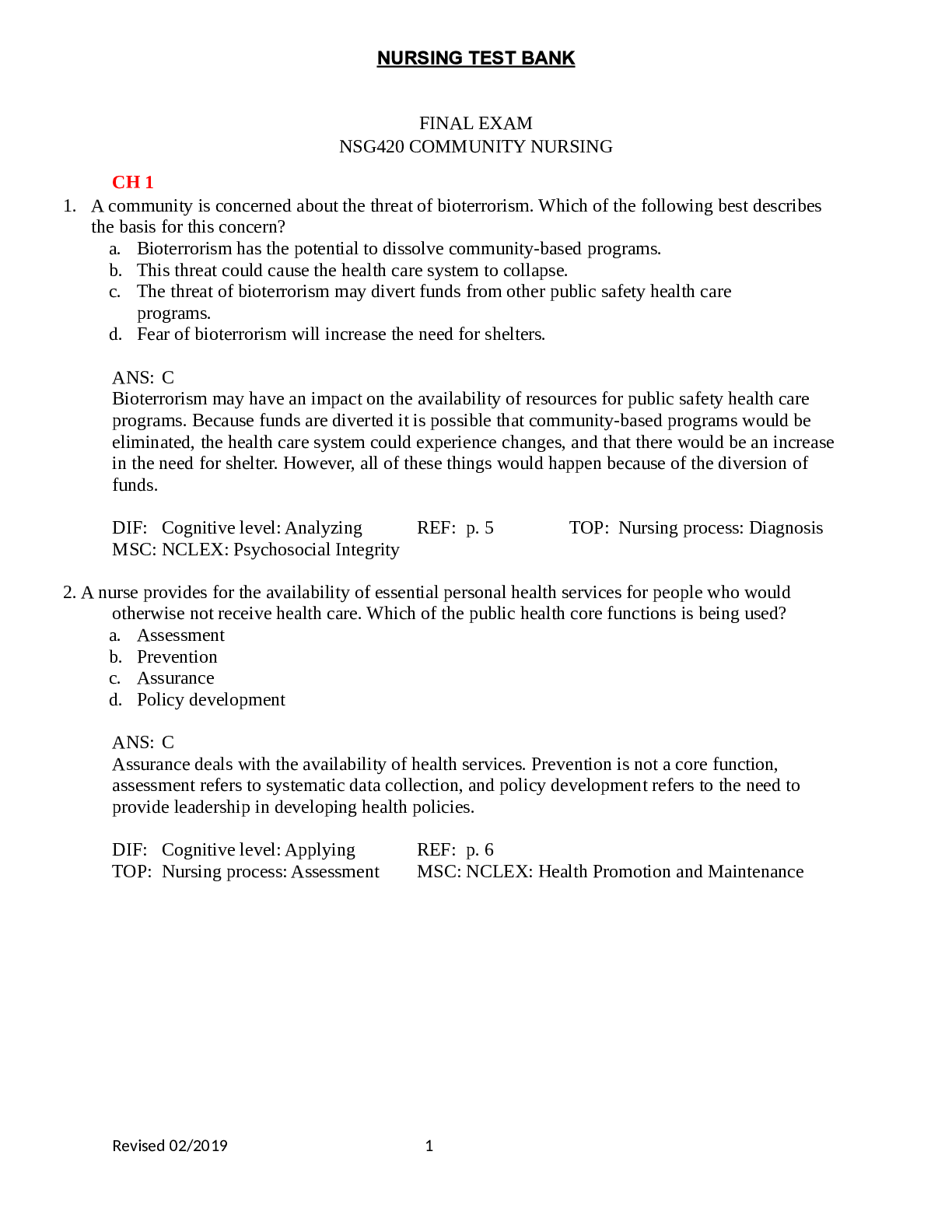 Preview image for Community Health Nursing final exam. Questions And Answers