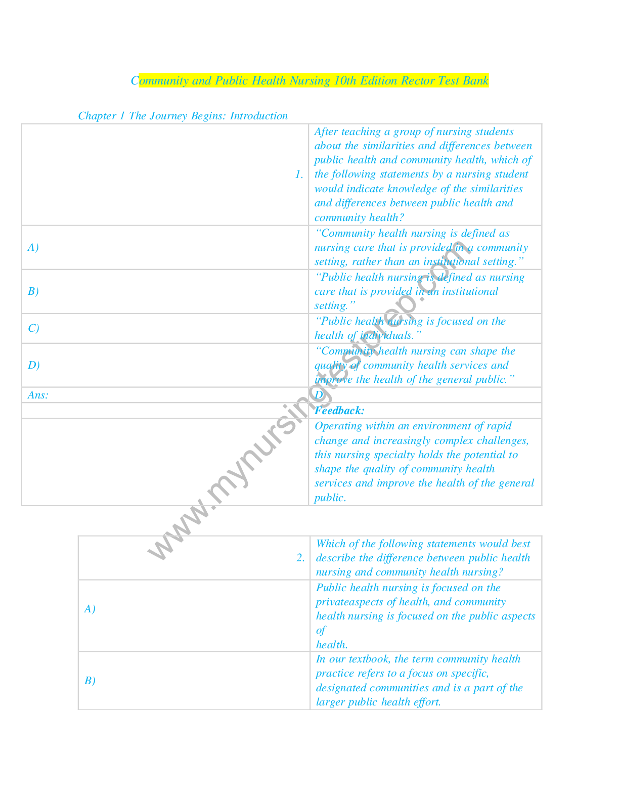 Preview image for Community and Public Health Nursing 10th Edition Rector Test Bank. Questions And Answers