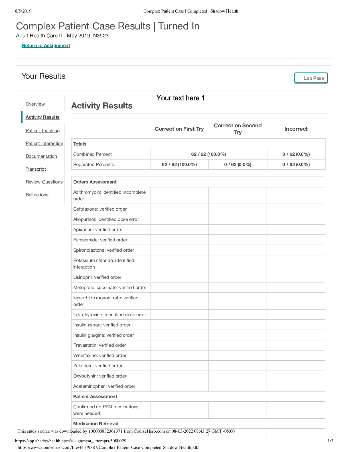 Preview image for Complex Patient Case | Completed | Shadow Health