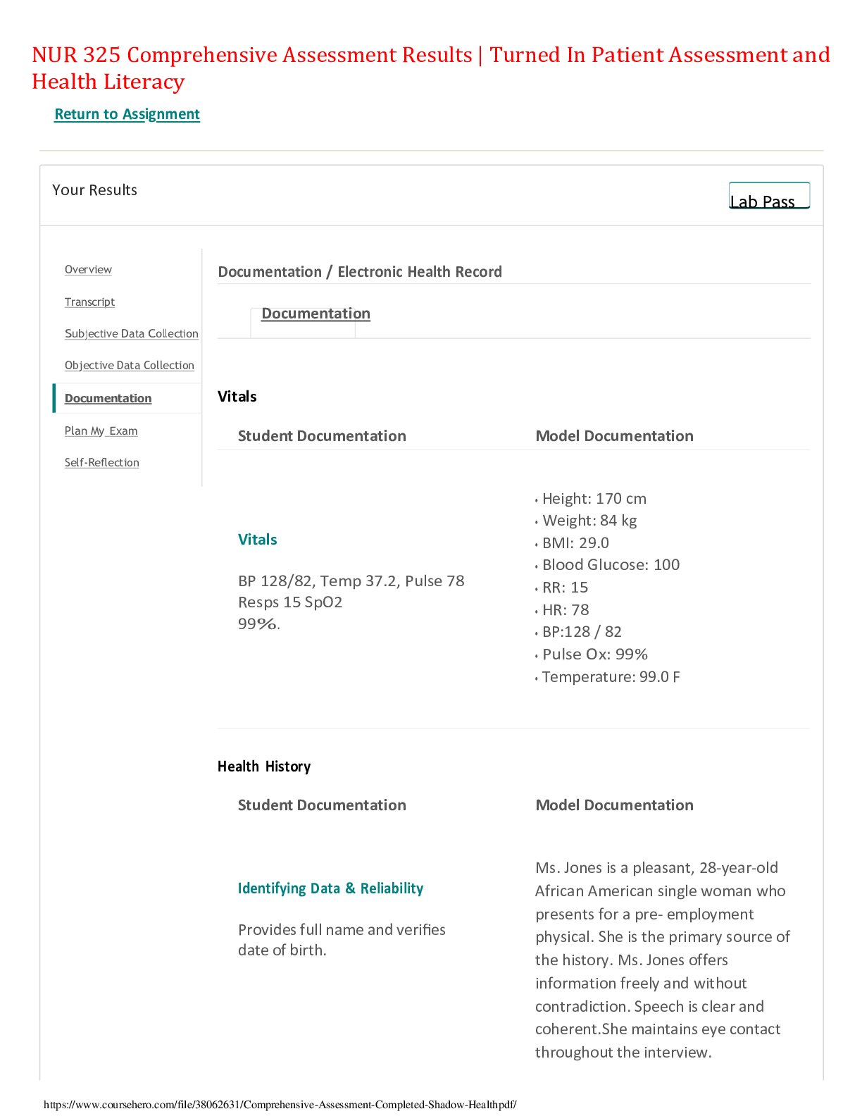 Preview image for NUR 325 Comprehensive Assessment Results | Turned In Patient Assessment and Health Literacy,100% CORRECT