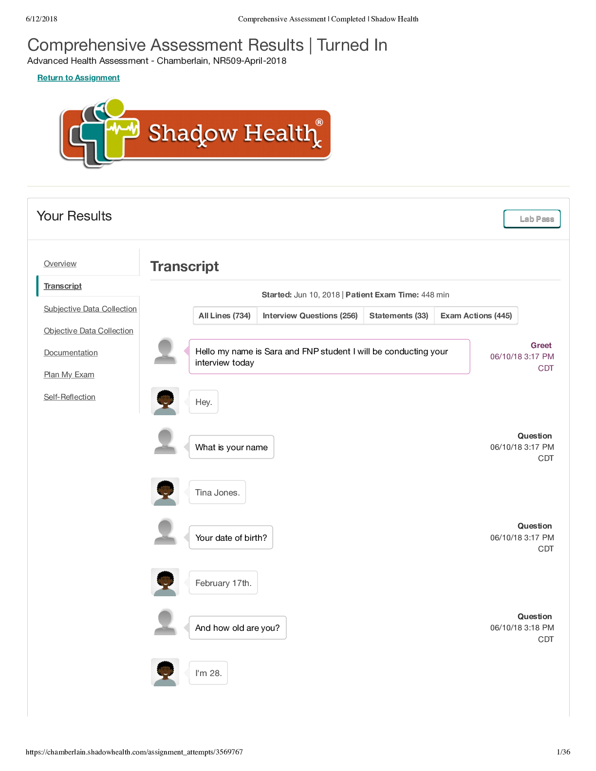 Preview image for Shadow Health Comprehensive Assessment | transcript