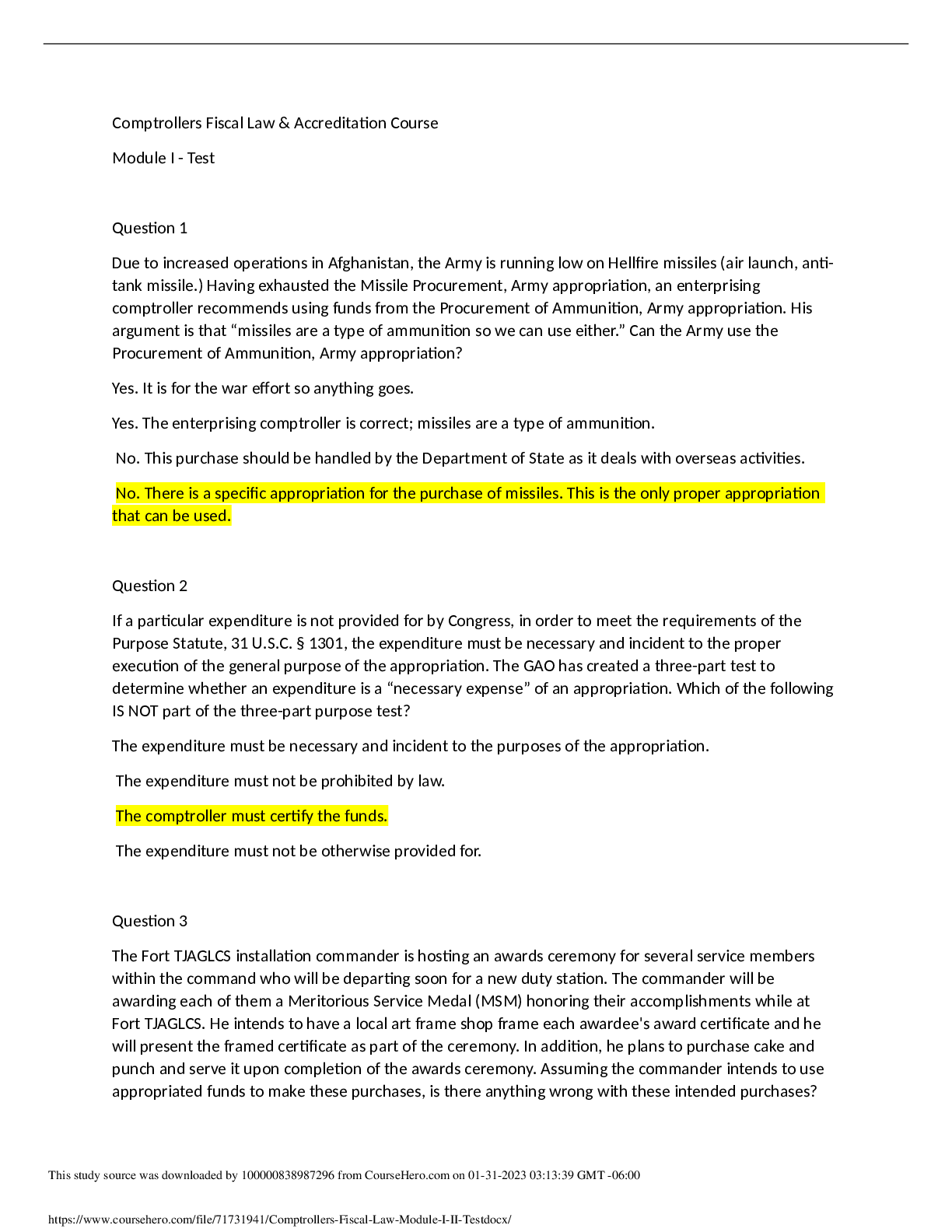Preview image for Comptrollers Fiscal Law - Module I & II Test -Verified Questions and Answers -100% Correct