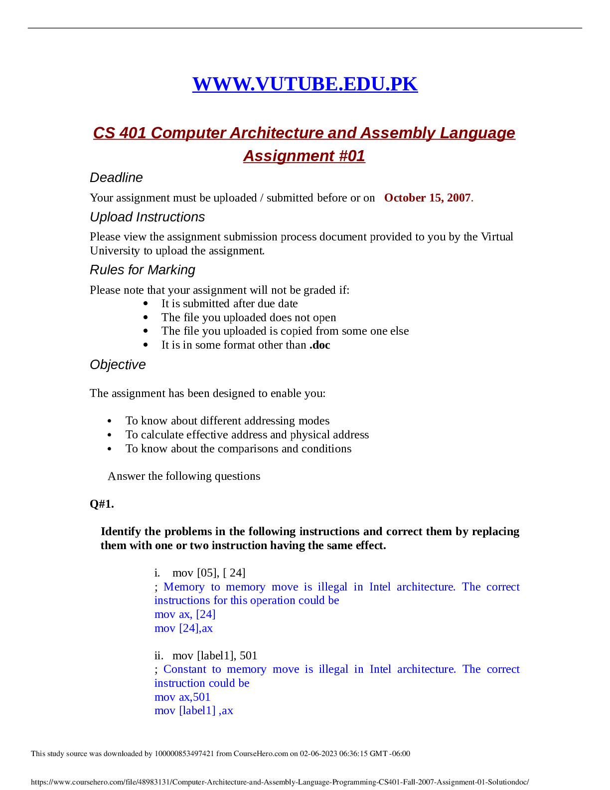 Preview image for Computer Architecture and Assembly Language Programming | Download assignment for quality score |