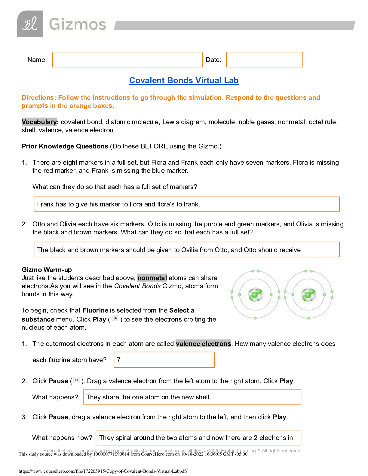 Preview image for (Answered) Covalent Bonds Virtual Lab Gizmo, complete 2022-2023.