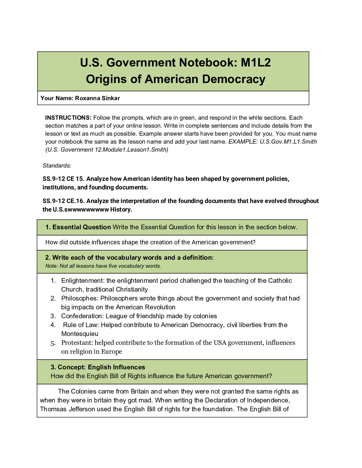 Preview image for U.S. Government Notebook: M1L2 Origins of American Democracy[A+ GUIDE]