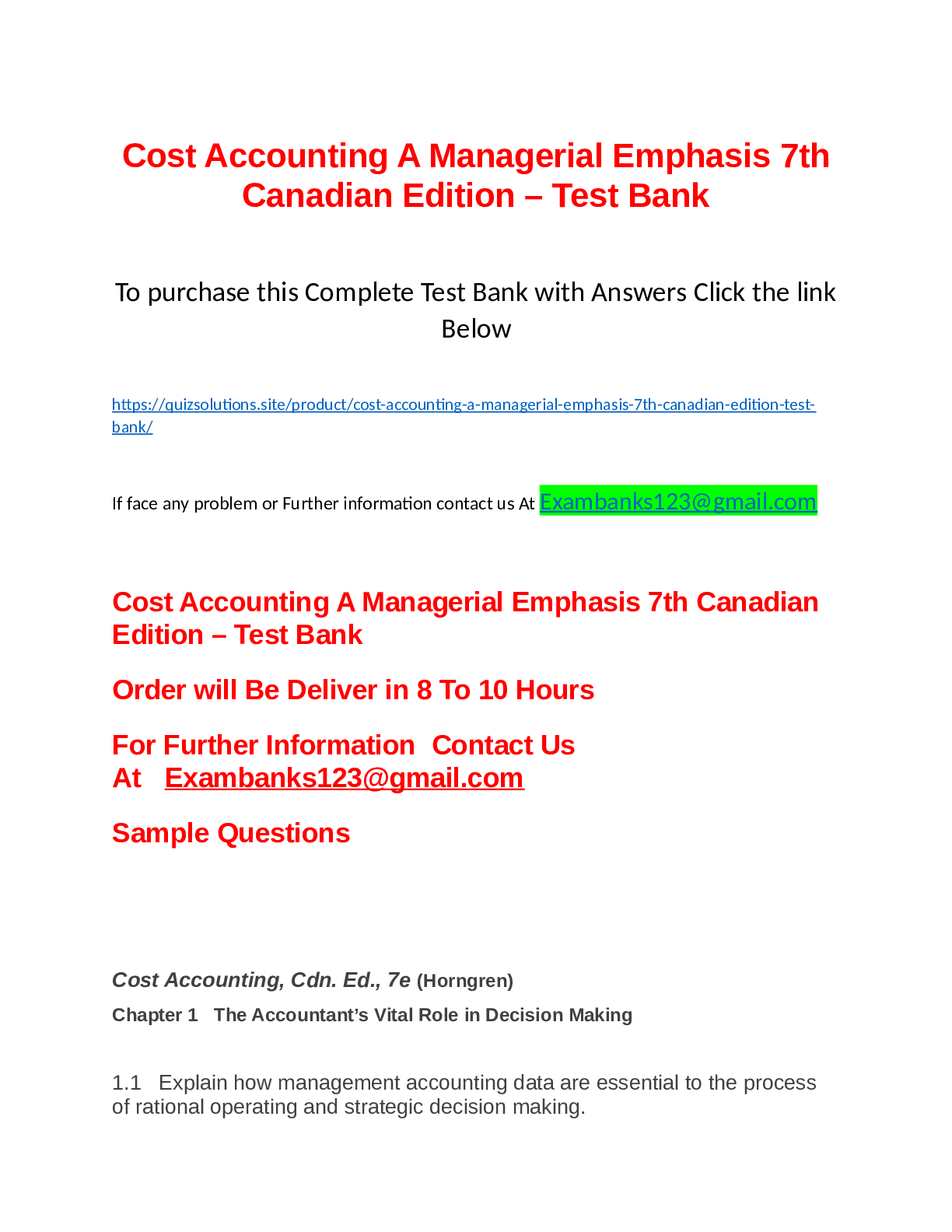 Preview image for Cost Accounting A Managerial Emphasis 7th Canadian Edition - Test Bank.