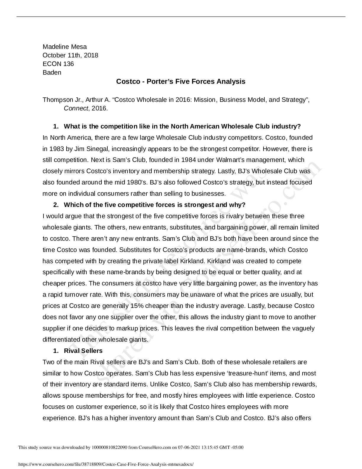 Preview image for Case Study > University of California, Santa CruzECON 136 Costco Case Five Force Analysis