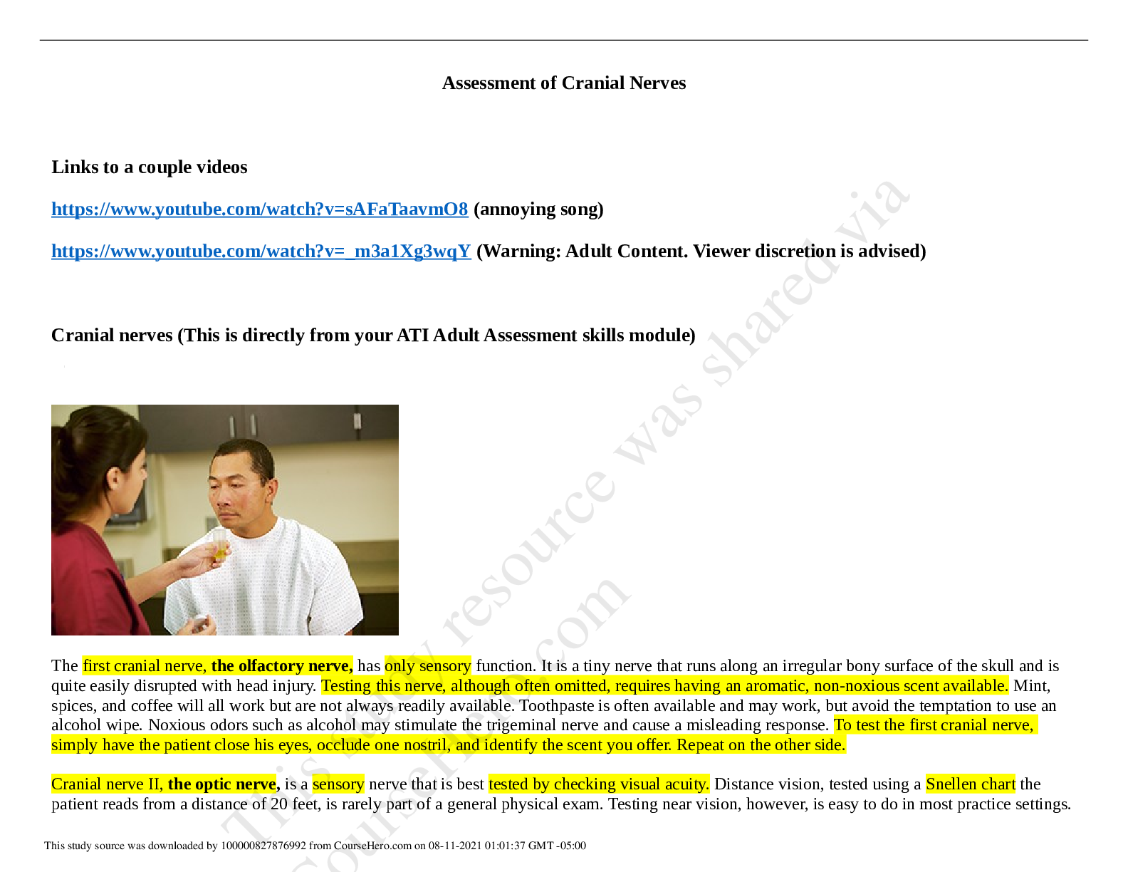 Preview image for latest 2021 NURSING 112023Cranial Nerves Assessment Notes - Basic.