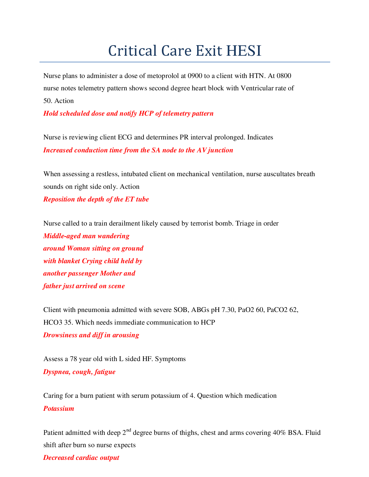 Preview image for HESI Exit Critical Care Exit Exam Notes and Questions & Answers. Quick read on the most essential parts to guarantee an A IN EXAMS