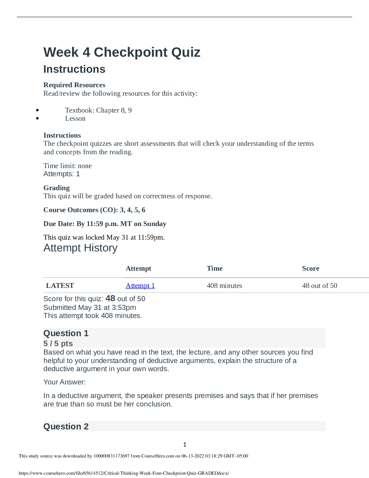 Preview image for Critical Thinking Week 4 Checkpoint Quiz GRADED