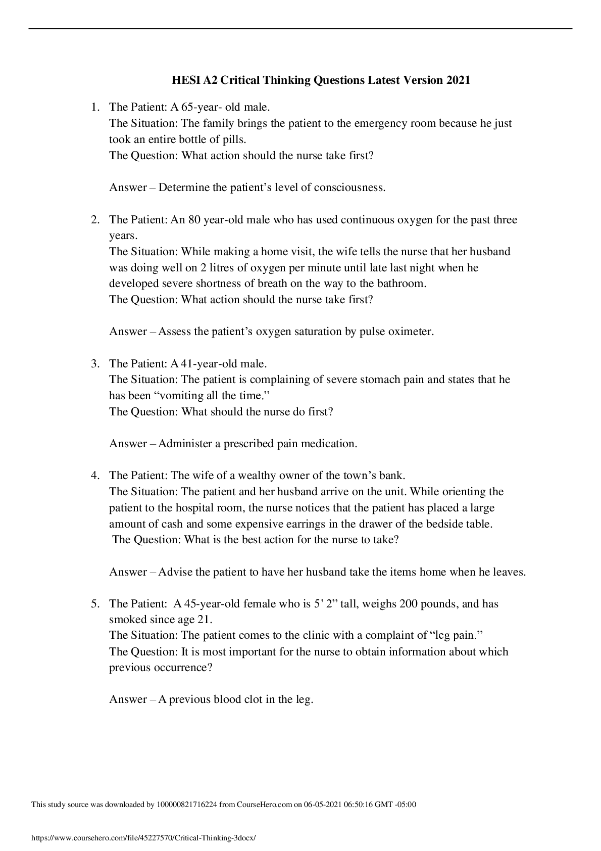 Preview image for NURSING MISC     HESI A2 Critical Thinking Questions Latest Version 2021