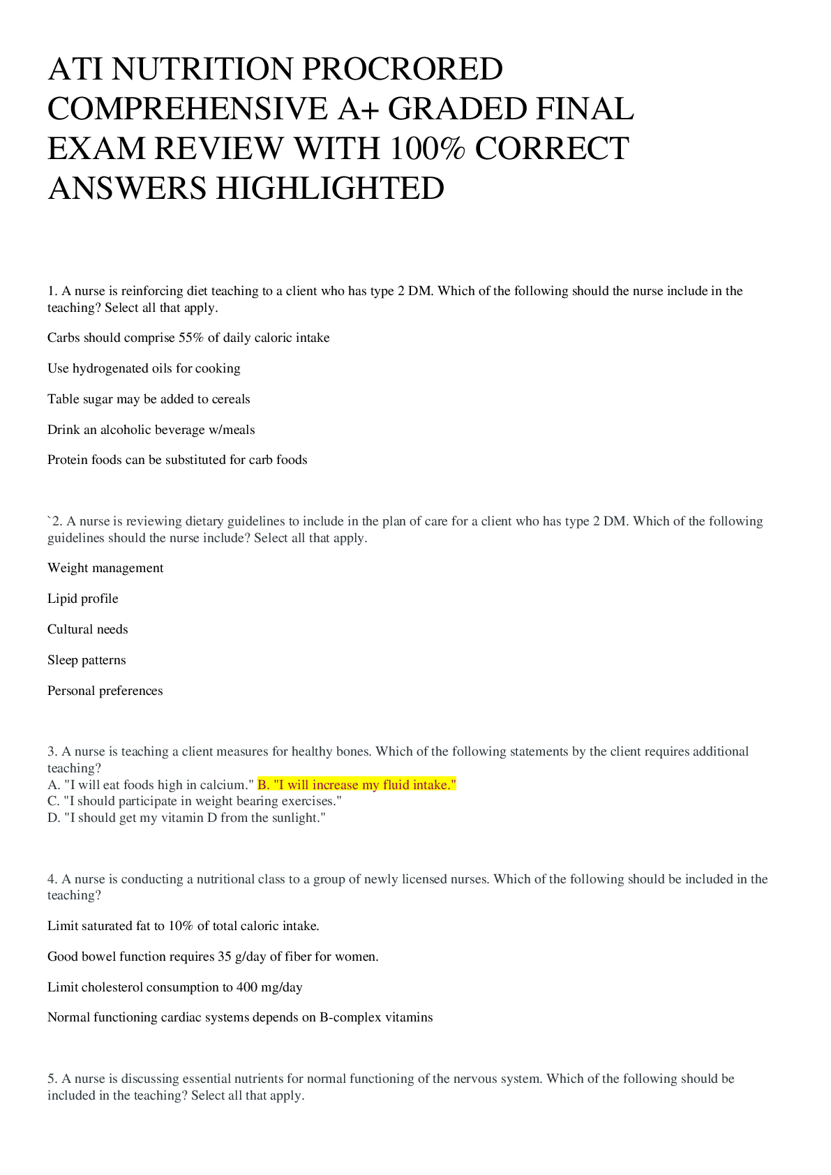 Preview image for ATI NUTRITION PROCRORED COMPREHENSIVE A+ GRADED FINAL EXAM REVIEW WITH 100% CORRECT ANSWERS HIGHLIGHTED