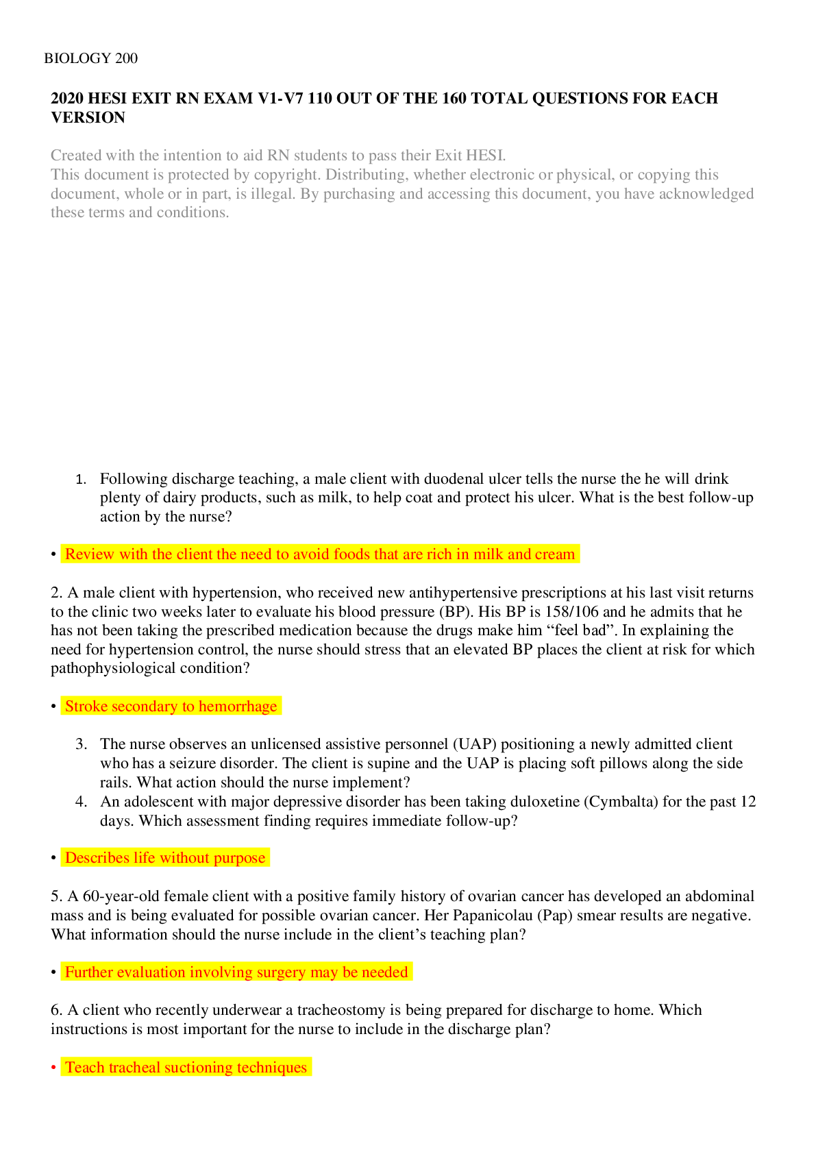 Preview of BIO 100 2020-2021 HESI EXIT RN EXAM V1-V7 110 OUT OF THE 160 TOTAL QUESTIONS FOR EACH VERS
