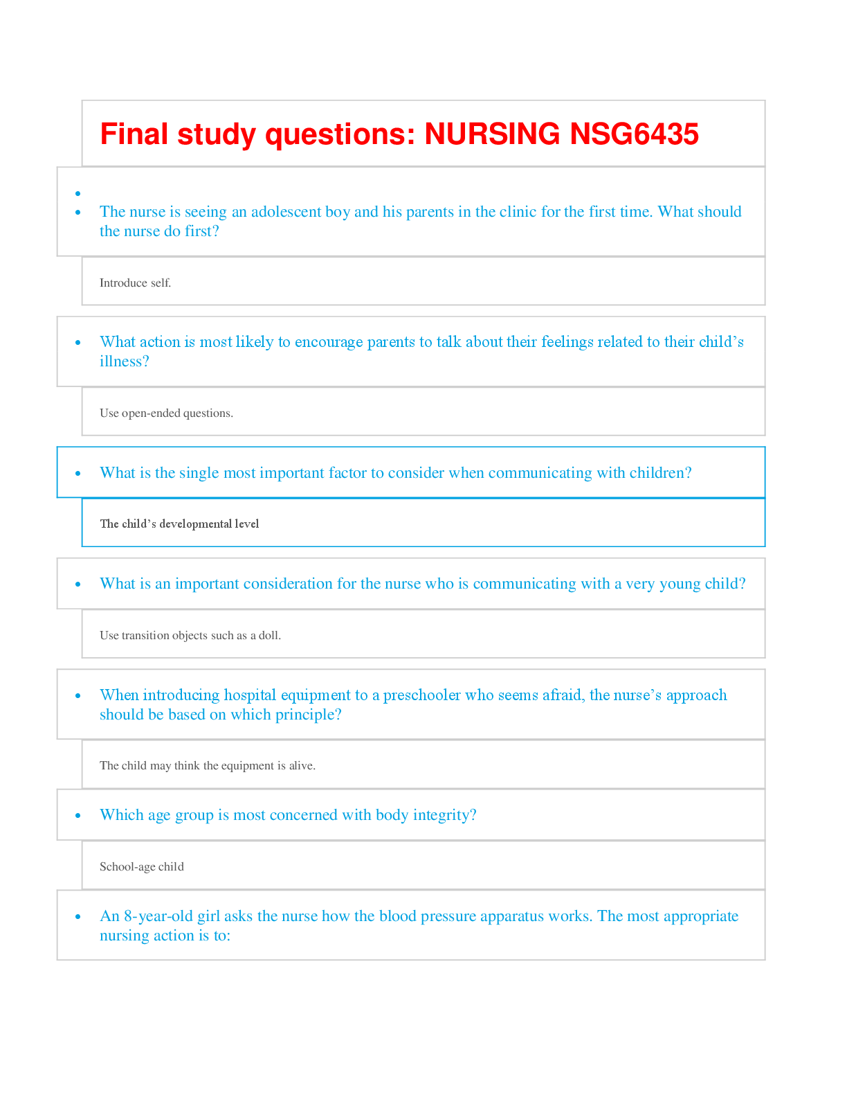 NSG 6435 Final study questions. All Verified answers