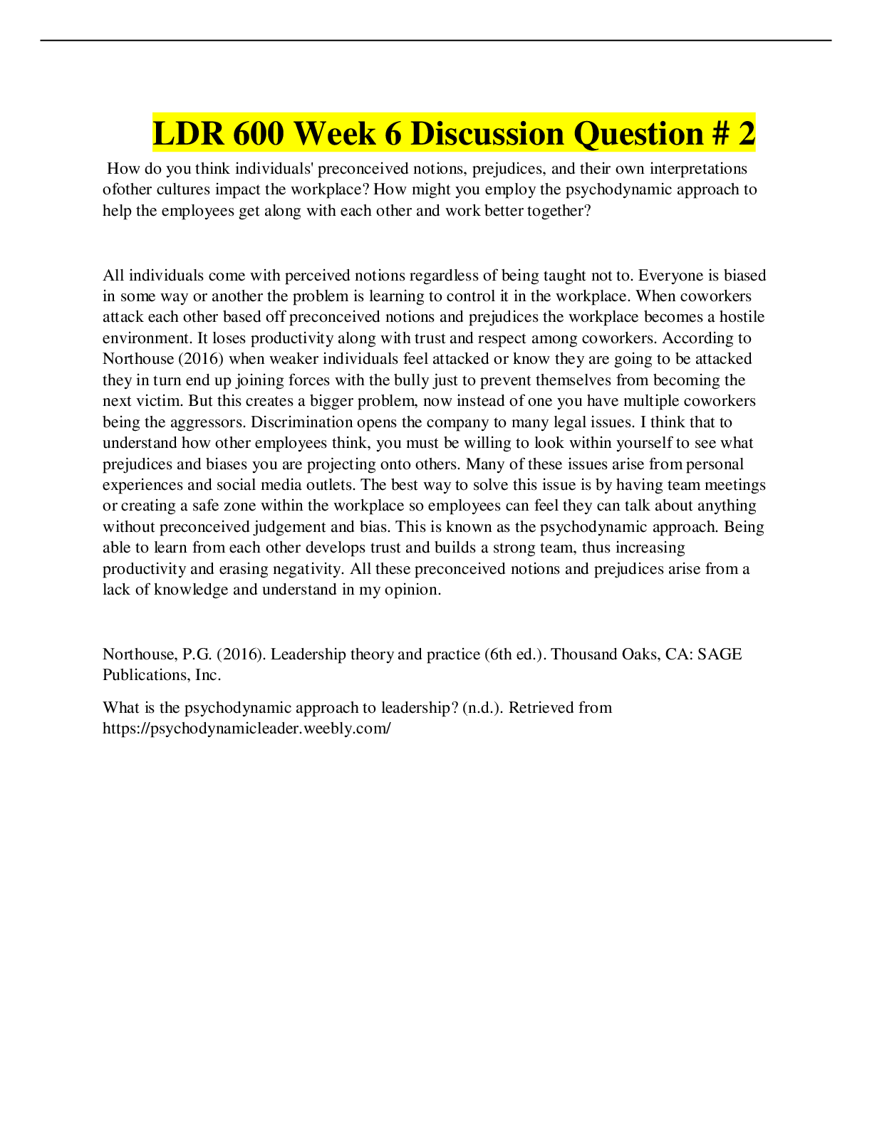 Preview of LDR 600 Week 6 Discussion Question # 2/RATED A
