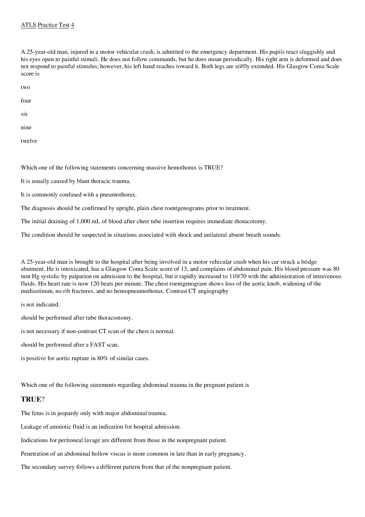 Preview image for ATLS Practice Test 4 2021 newest graded A++