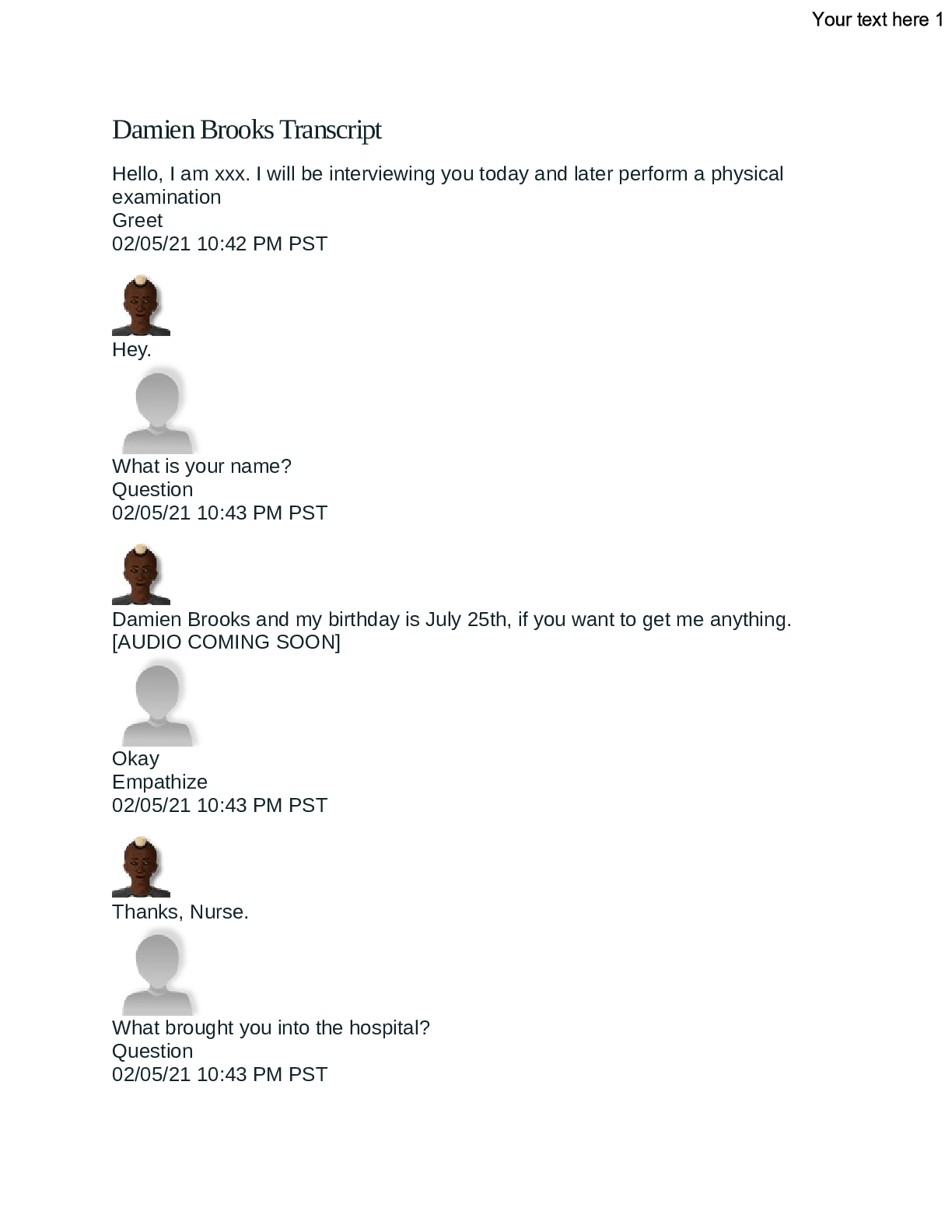 Preview image for Patient Damien Brooks/Damien Brooks Transcript -Traumatic Brain Injury- Shadow Health - Pediatrics (Complete Solutions)