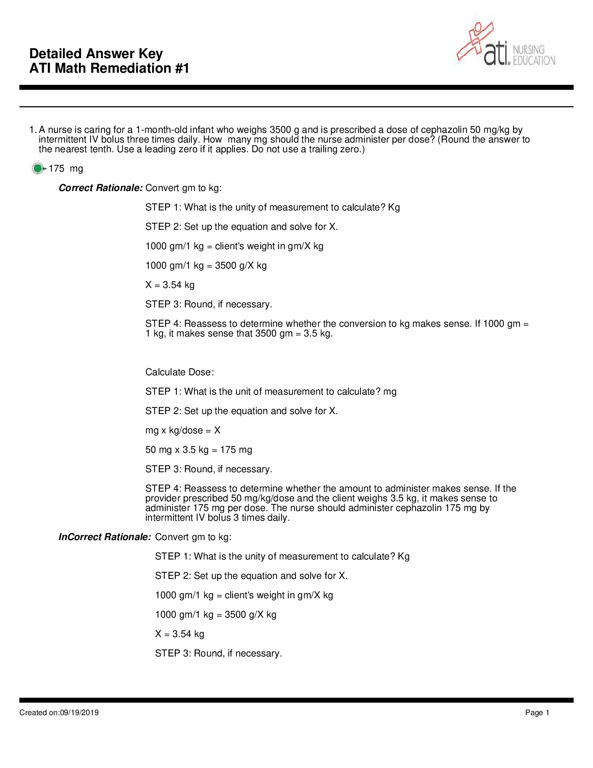 Preview image for Detailed Answer Key ATI Math Remediation #1