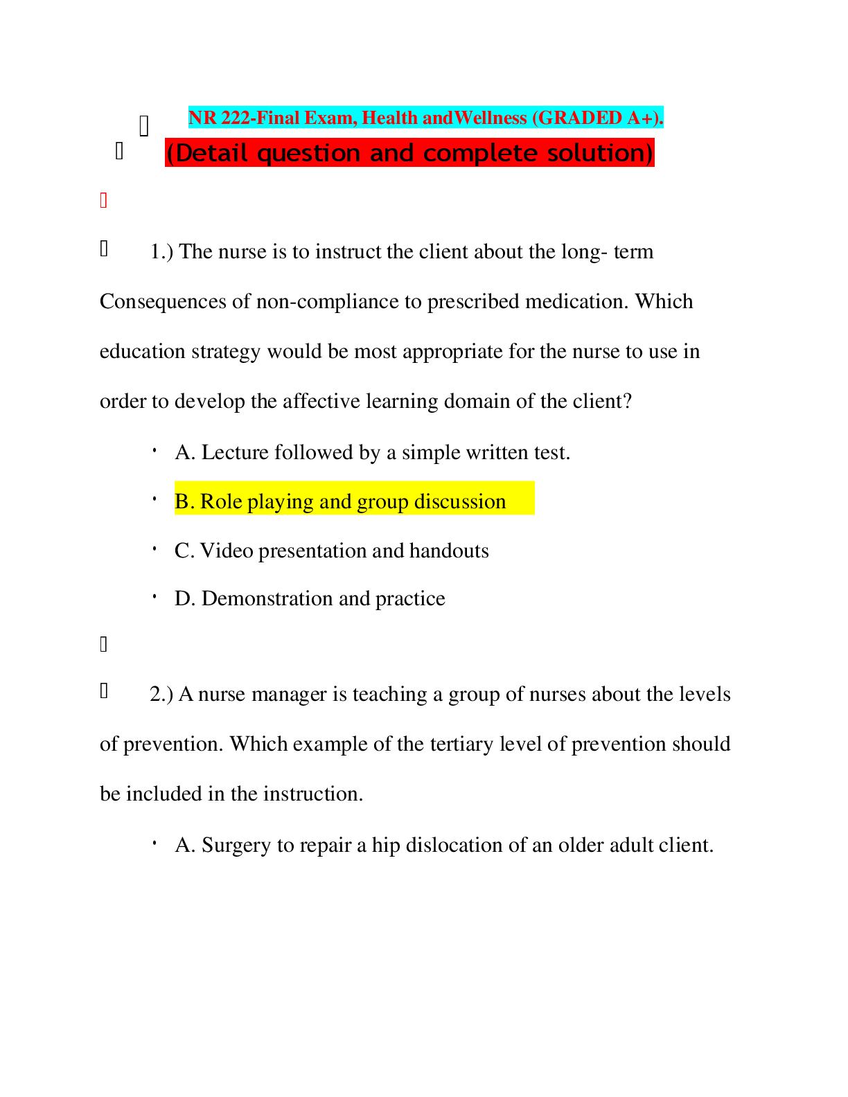 Preview of NR 222-Final Exam, Health and Wellness (GRADED A+).