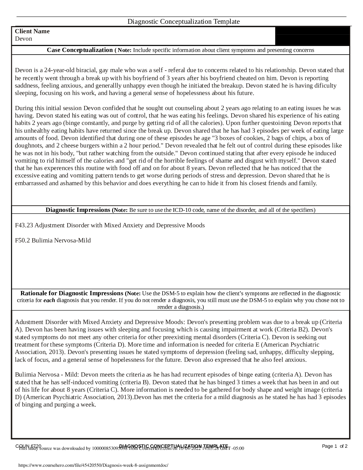 Preview image for COUN 6723 Multicultural Counseling. Week 8 assignment  Diagnostic Conceptualization Template | Walden University