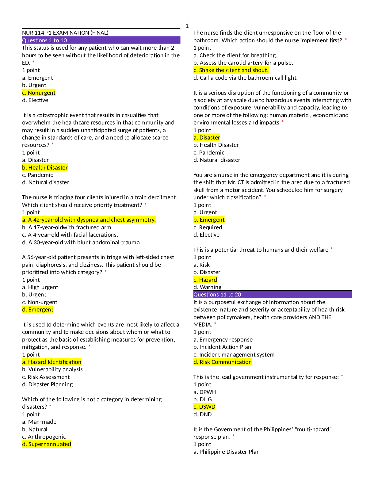 Preview of University of South Carolina MEDI 117/ NUR 114 P1 EXAMINATION (FINAL)