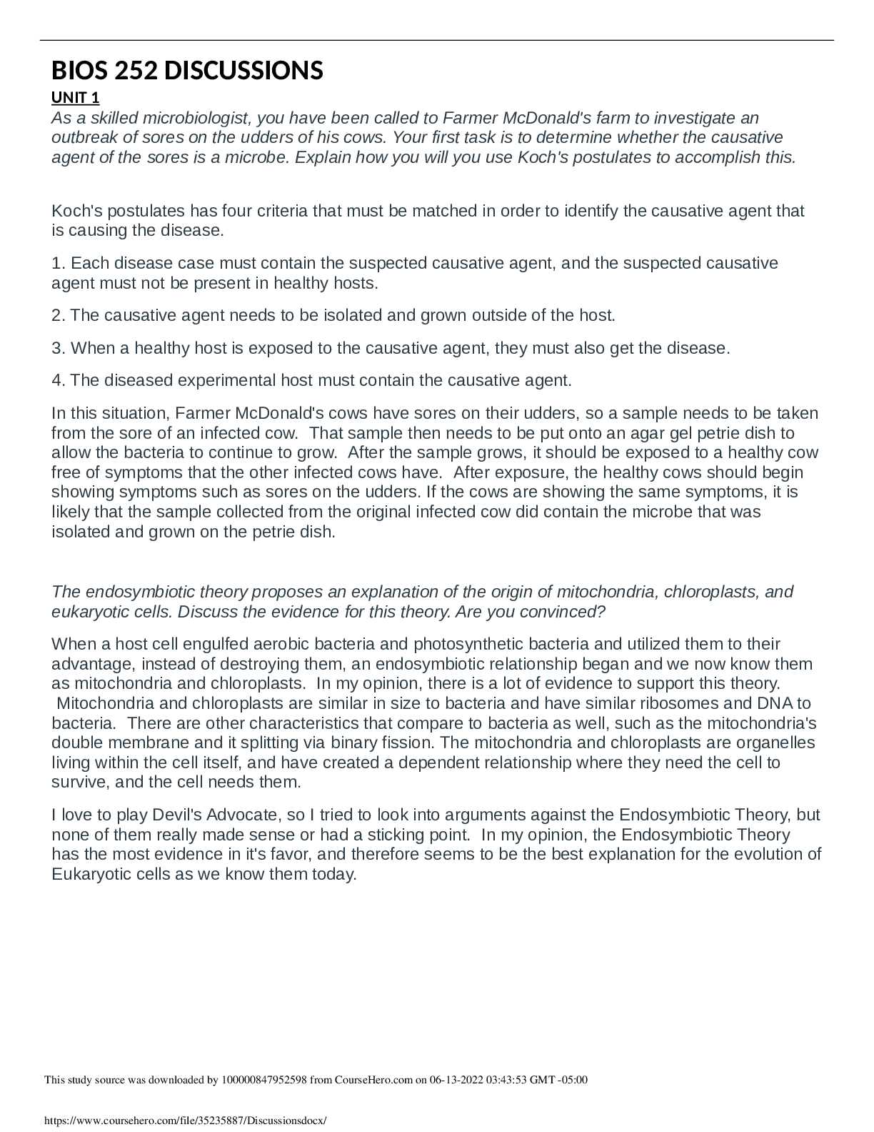 Preview image for BIOS 252 Unit 1 Discussions with Answers