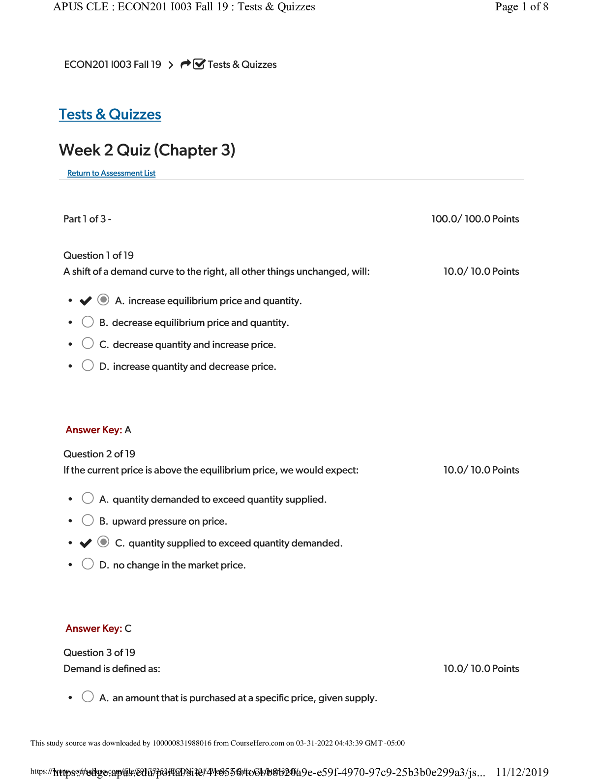 Preview of ECON 201 : Microeconomics for Business - AMU ECON 201 I003 Fall 19 Week 2 Quiz