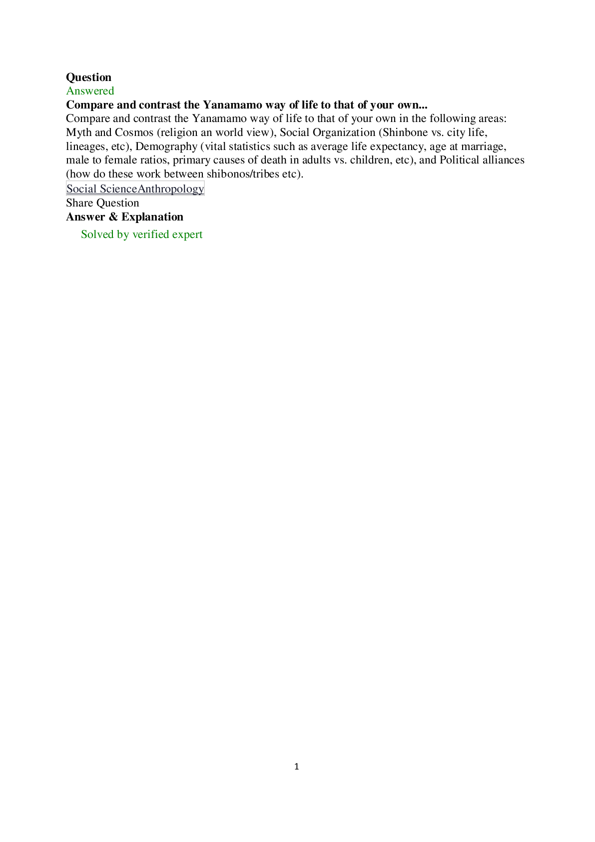 Preview of Social Science  Anthropology  Compare and contrast the Yanamamo way of life to that of you