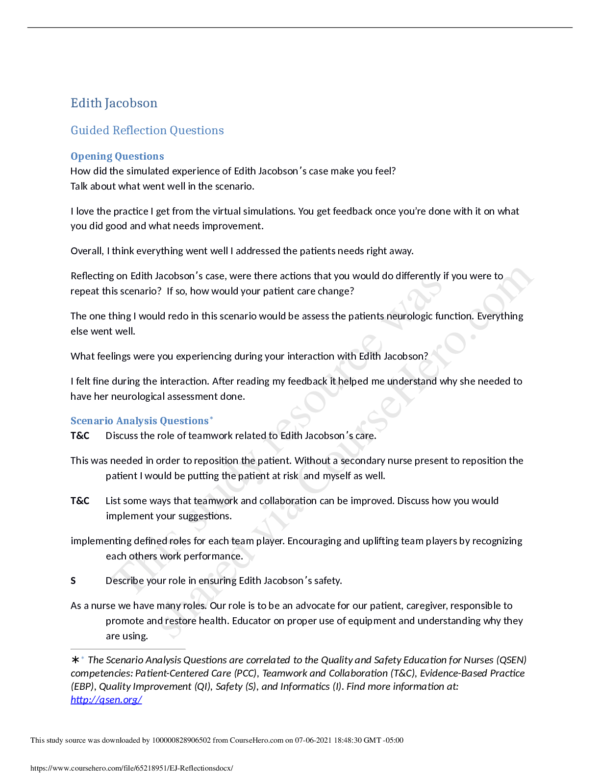 Preview image for PNU 190 Edith Jacobson Guided Reflection Questions and answers