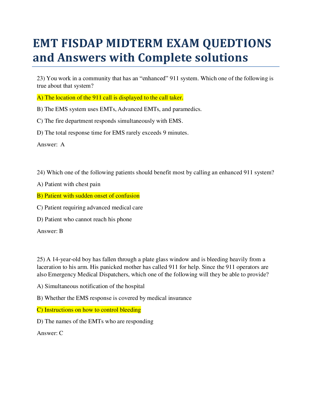 Preview image for EMT MIDTERM REVIEW: quiz and answers