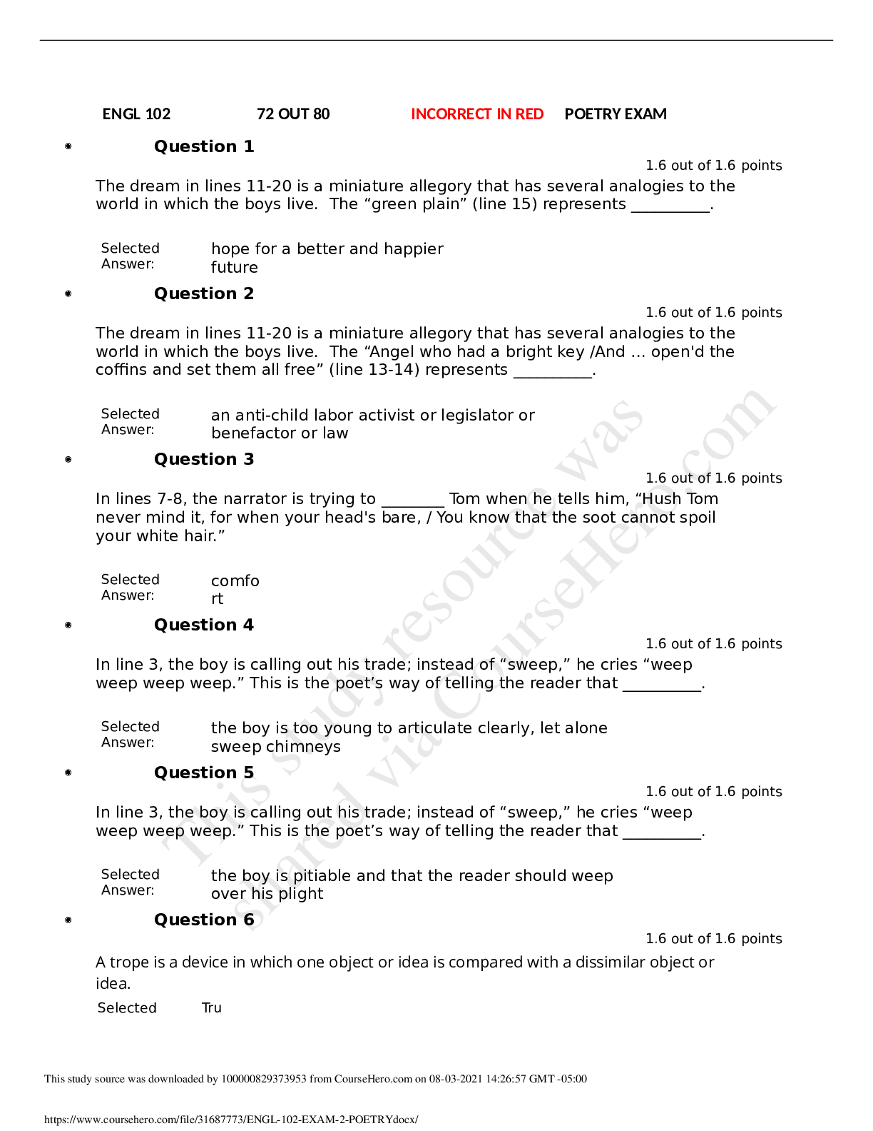 Preview image for ENGL 102 EXAM 2 POETRY 72 OUT 80(Latest Exam graded A)