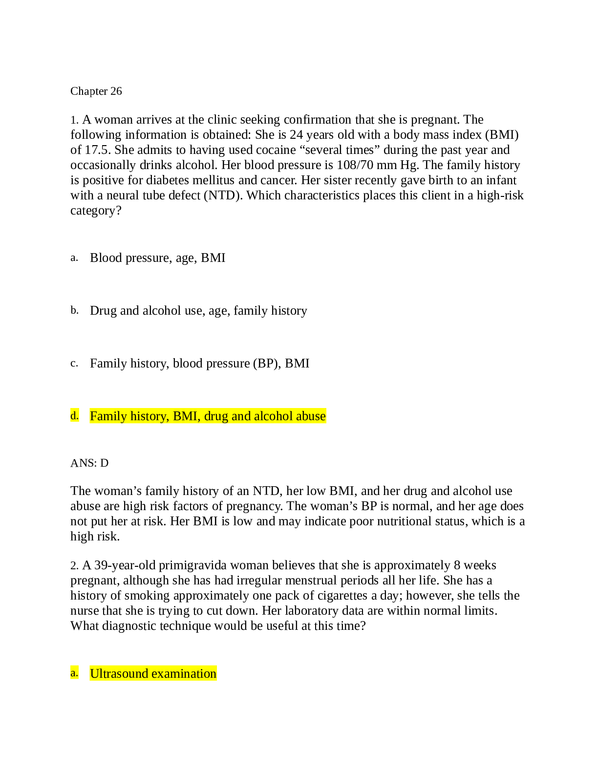 Preview of NURSING HEALTH ASS EXAM 1-MATERNAL HEALTH CARE Chapter 26 QUESTIONS AND ANSWERS PLUS QUEST