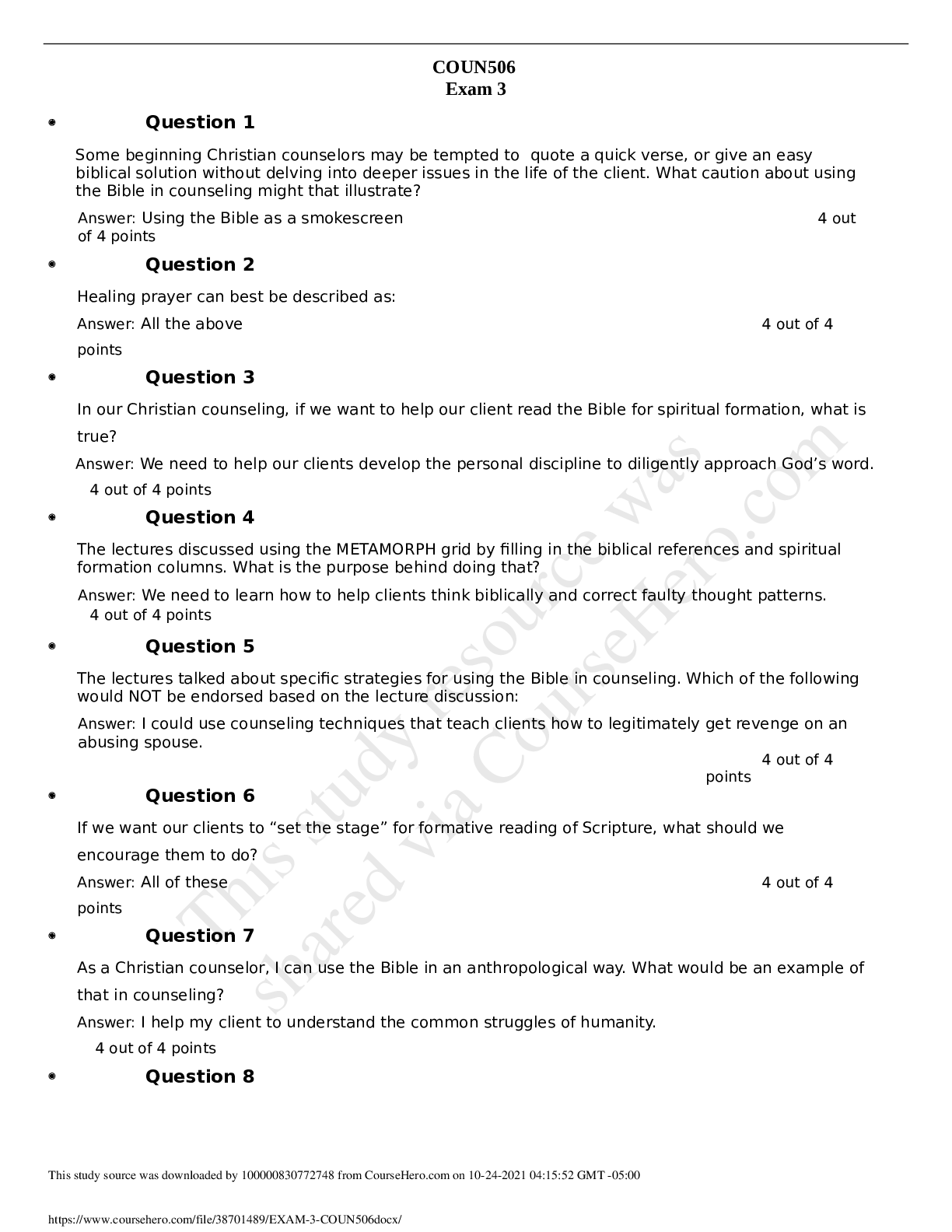 Preview of EXAM 3 - COUN506 questions with answers 2020-2021 GRADED A+