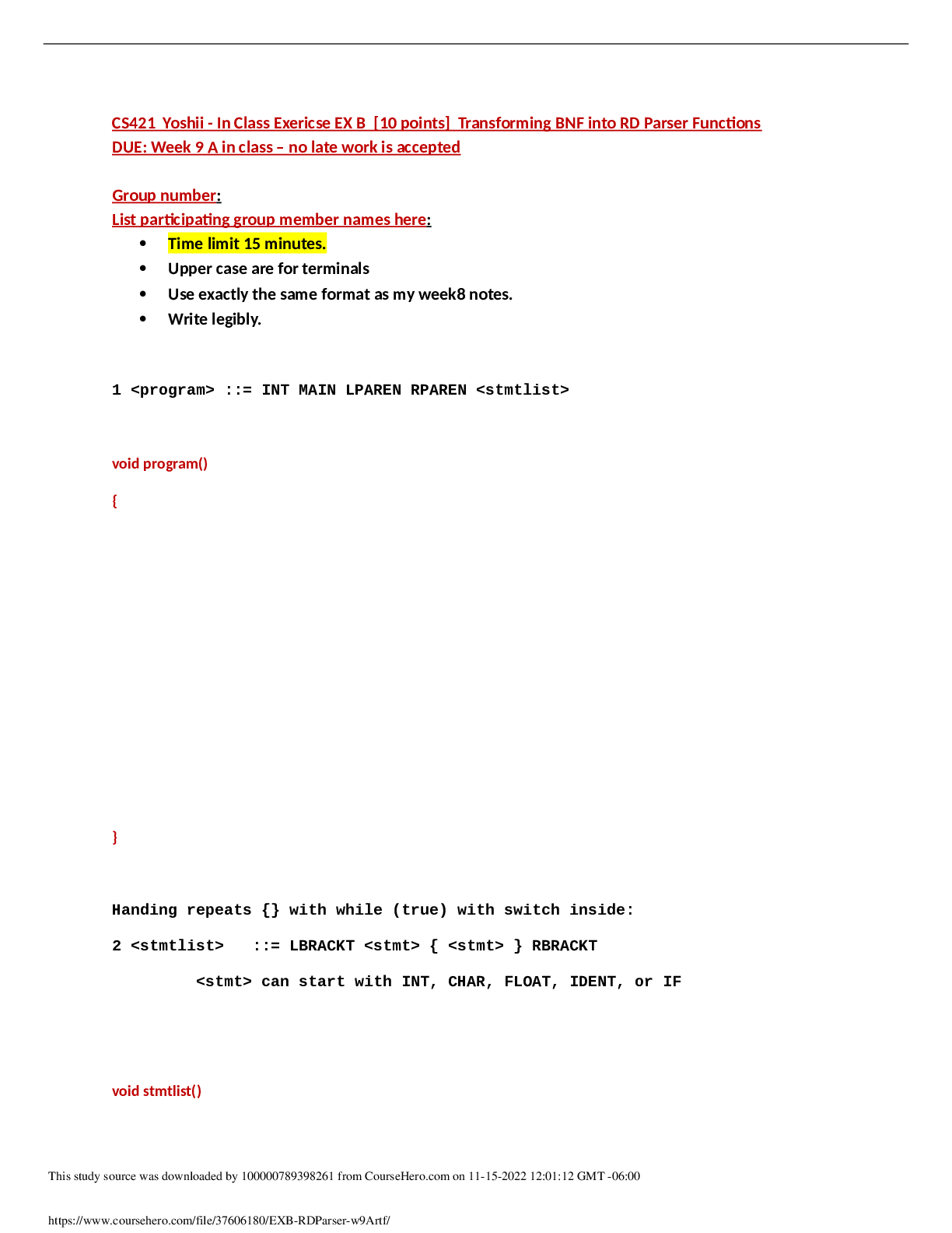 Preview image for CS 421 Theory of computing In Class Exericse EX B [10 points] Transforming BNF into RD Parser Functions | California State University, San Marcos