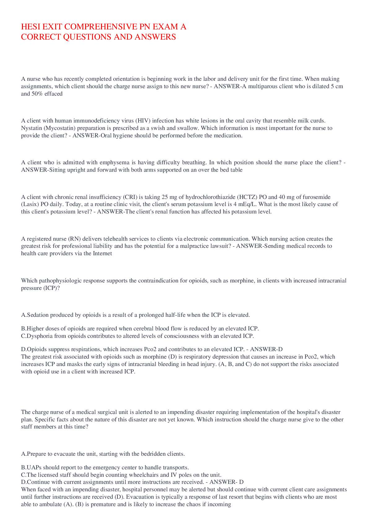 Preview of HESI Exit Exam RN (updated 2020/2021)- Test Bank
