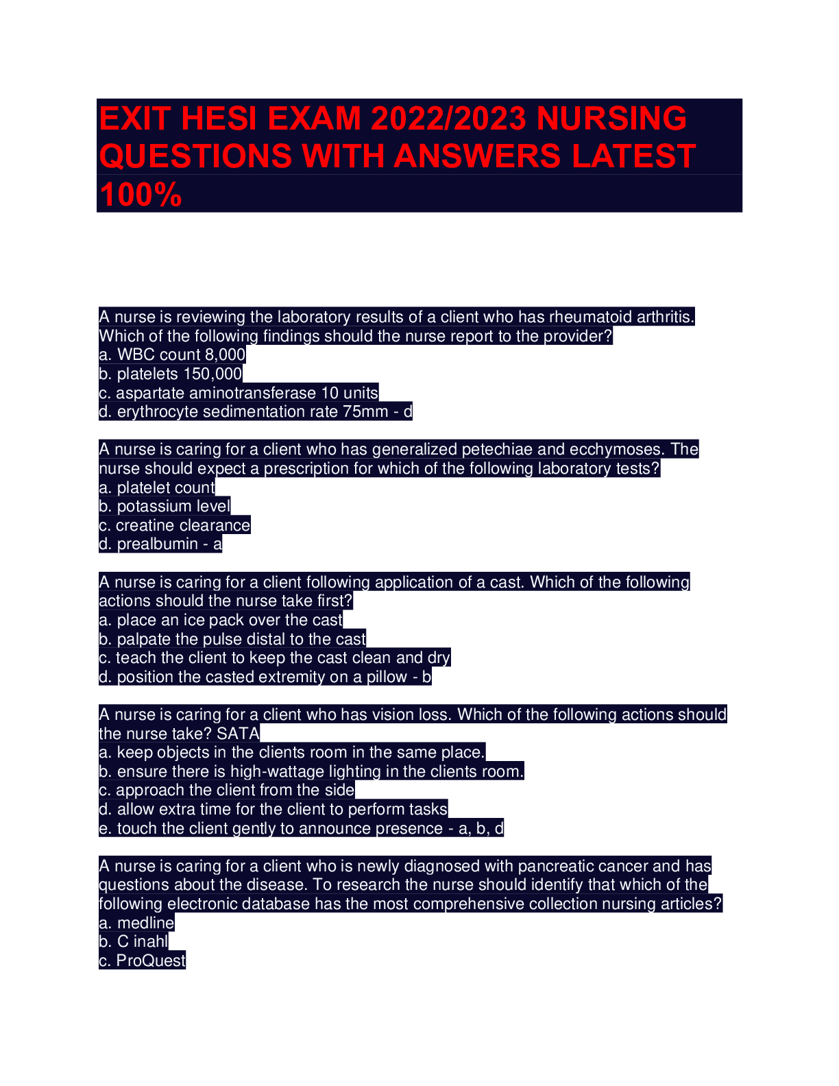 Preview image for EXIT HESI EXAM 2022/2023 NURSING  QUESTIONS WITH ANSWERS LATEST  100%