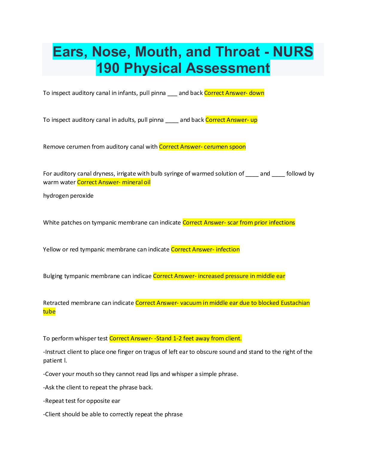 Preview of Ears, Nose, Mouth, and Throat - NURS 190 Physical Assessment With Complete Solution.