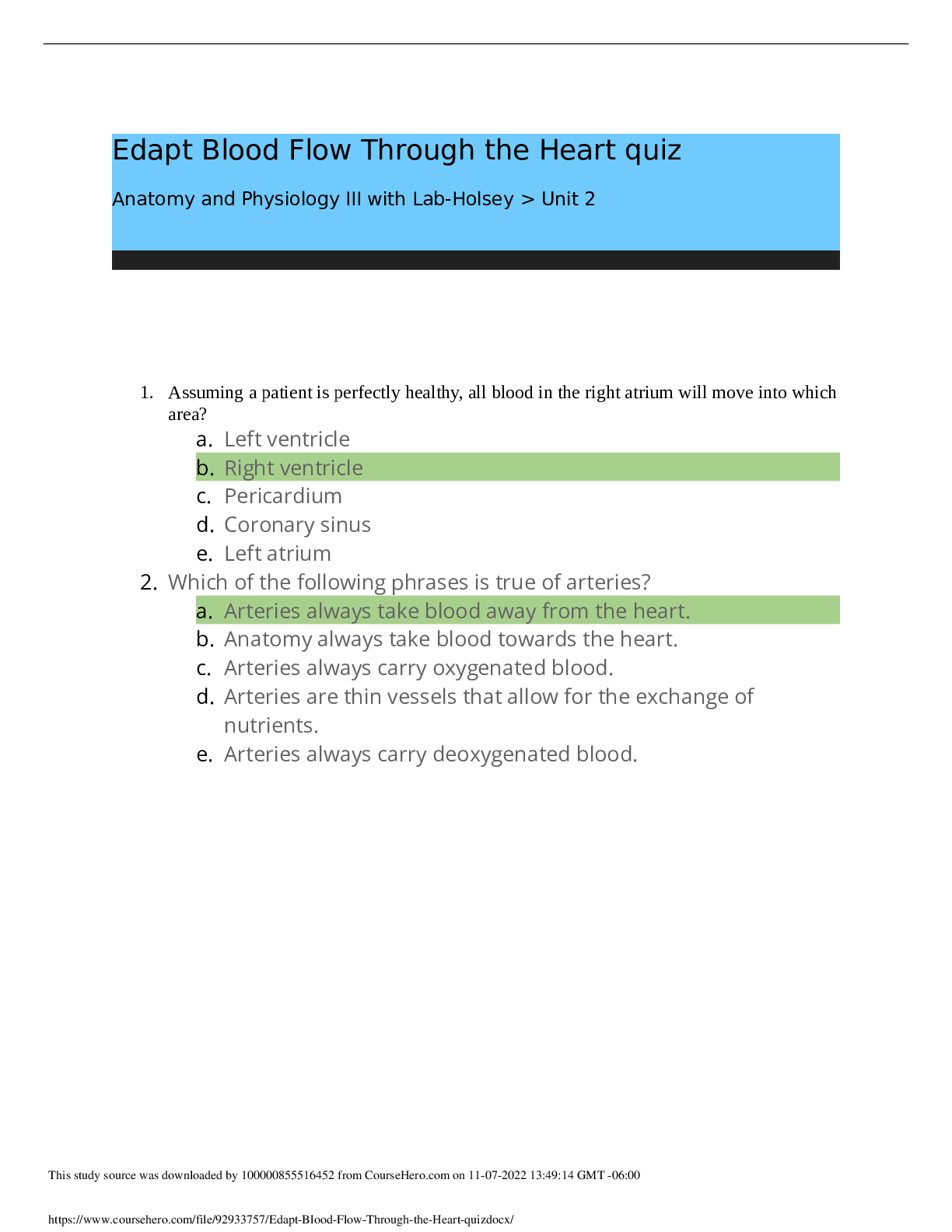 BIOS 255 Edapt Blood Flow Through the Heart quiz Anatomy and Physiology III with Lab-Holsey > Unit 2